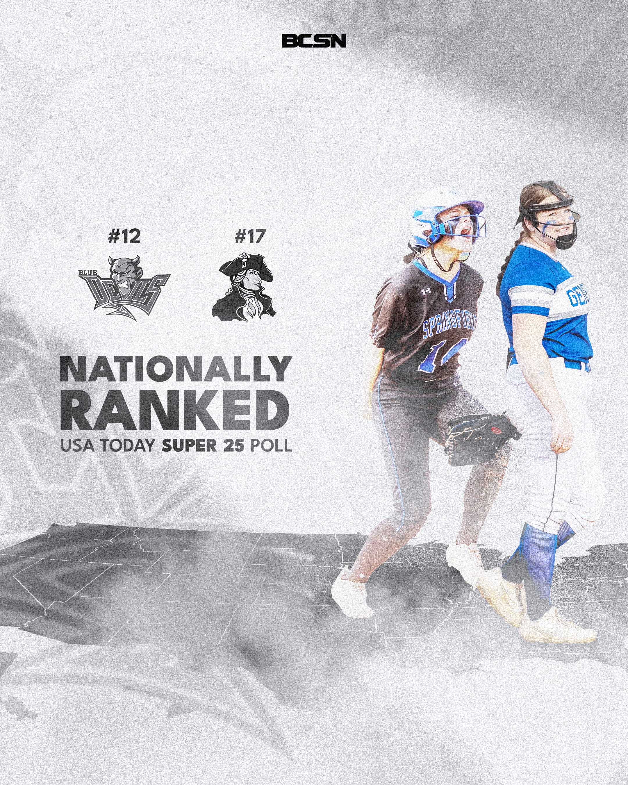 BCSN softball graphic announcing a national ranking in the USA Today Super 25 poll.