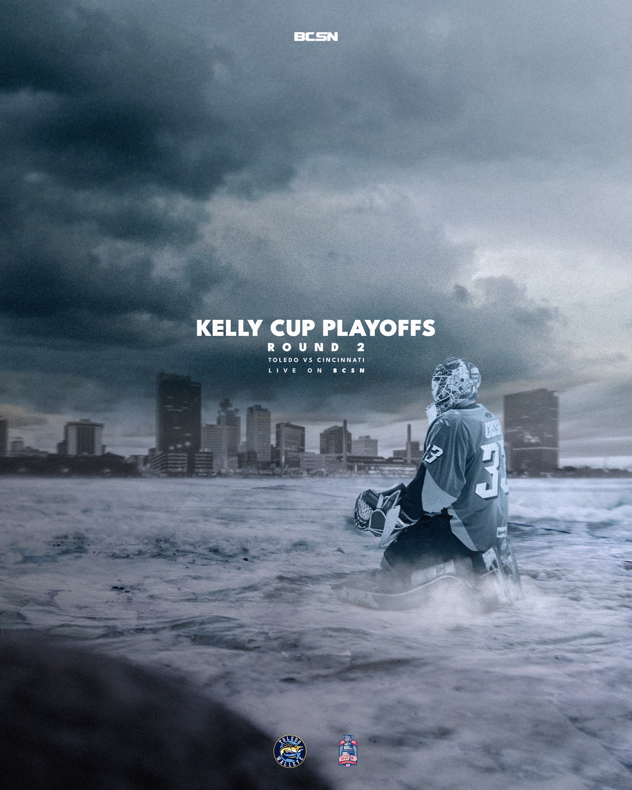 BCSN Kelly Cup Playoffs round 3 graphic, a Toledo Walleye player standing in a stormy lake below the Toledo skyline.