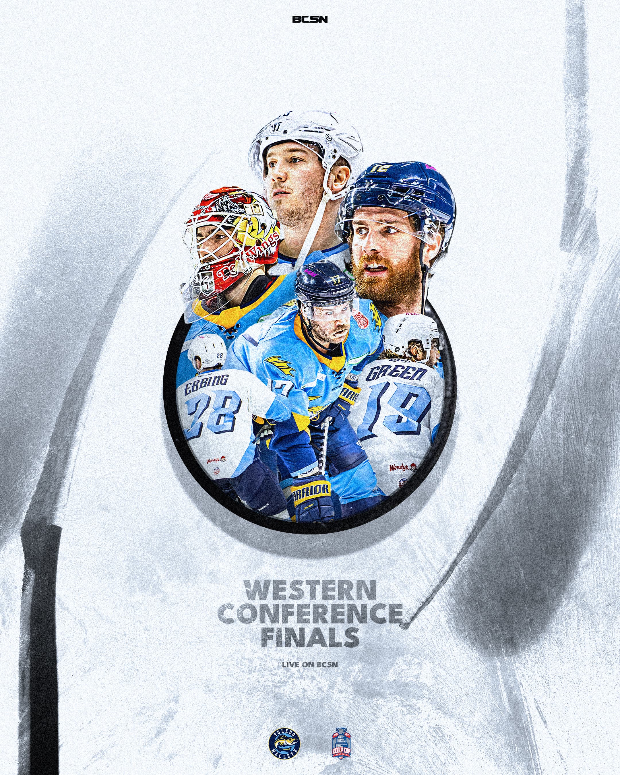 BCSN Western Conference Finals graphic featuring Toledo Walleye players framed in a circle.