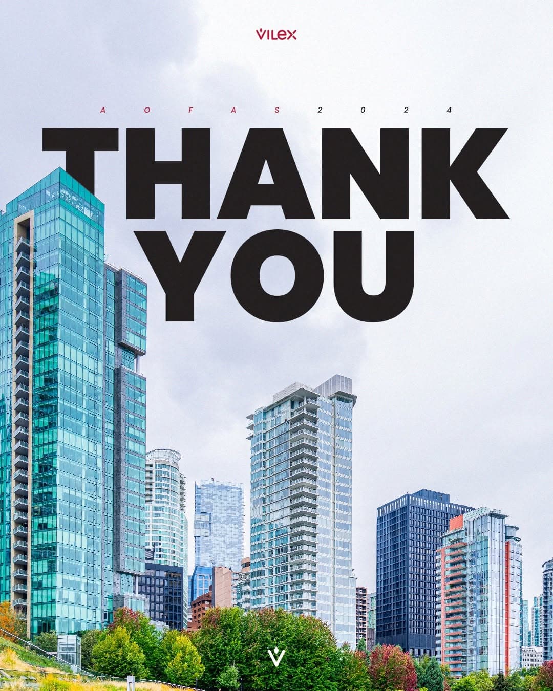 Vilex AOFAS 2024 thank you graphic, bold type over a city skyline.