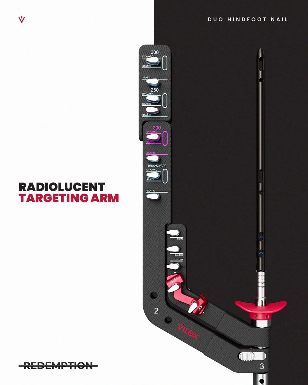 Vilex DUO Hindfoot Nail graphic highlighting the radiolucent targeting arm.