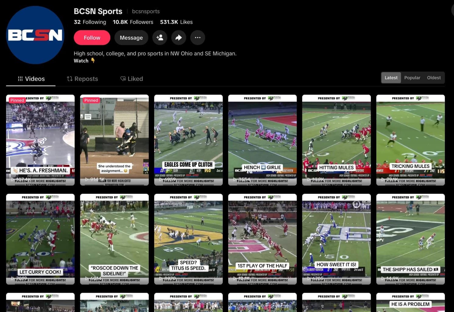 The BCSN Sports TikTok profile, a grid of vertical highlight clips cut from broadcast footage.